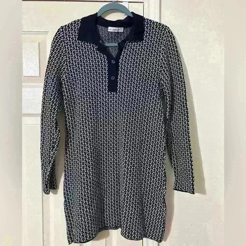 Zara All Over Logo Print Collar Mini Dress Blue Longsleeve Knit Sweater